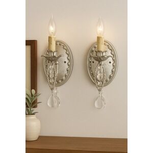 Pair Silver Tone Wall Sconces Vintage Style Electric Crystal Drop Lights Ornate